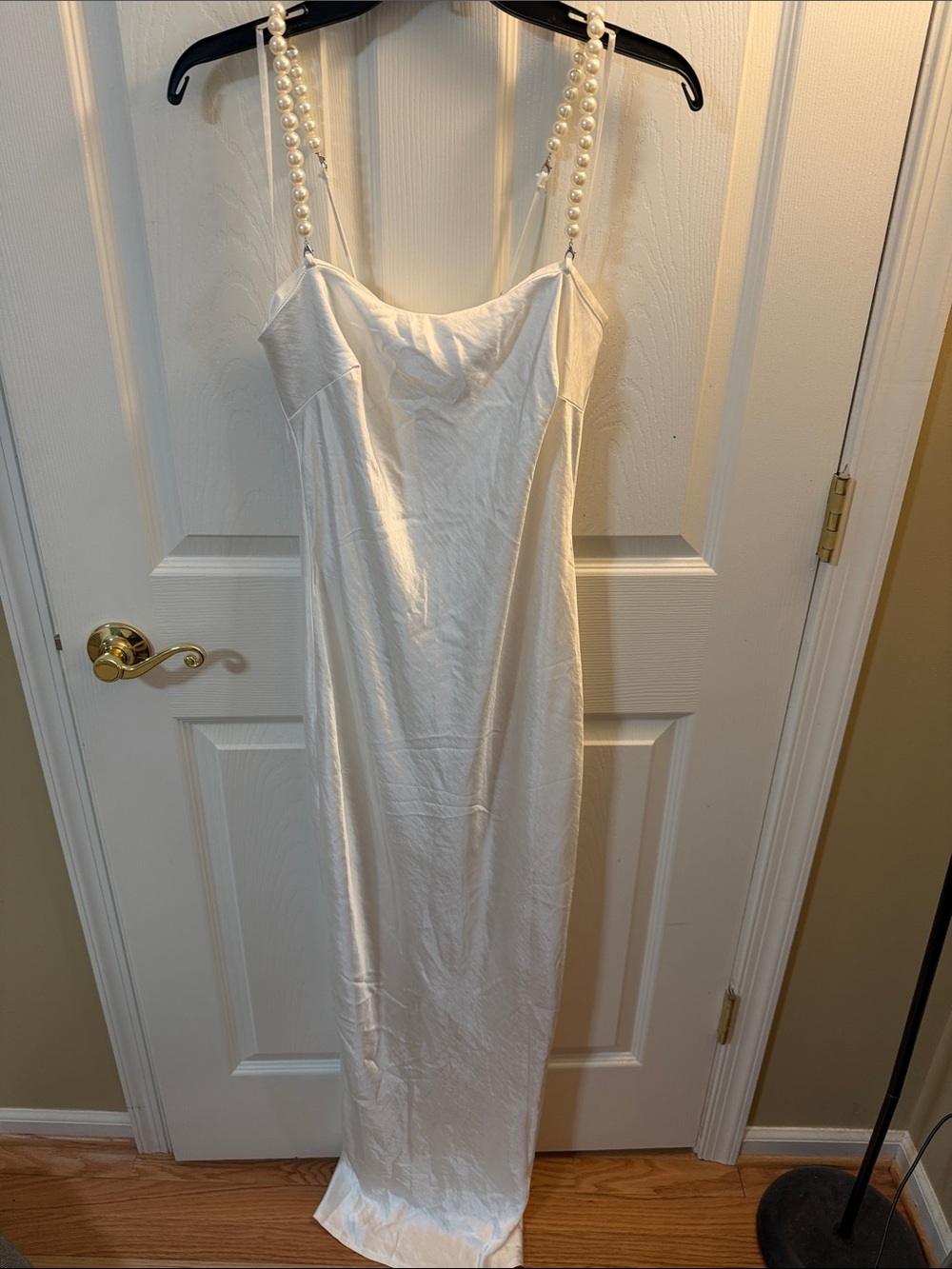 Selfie Leslie White Satin Dress with Pearl-Strap Detail